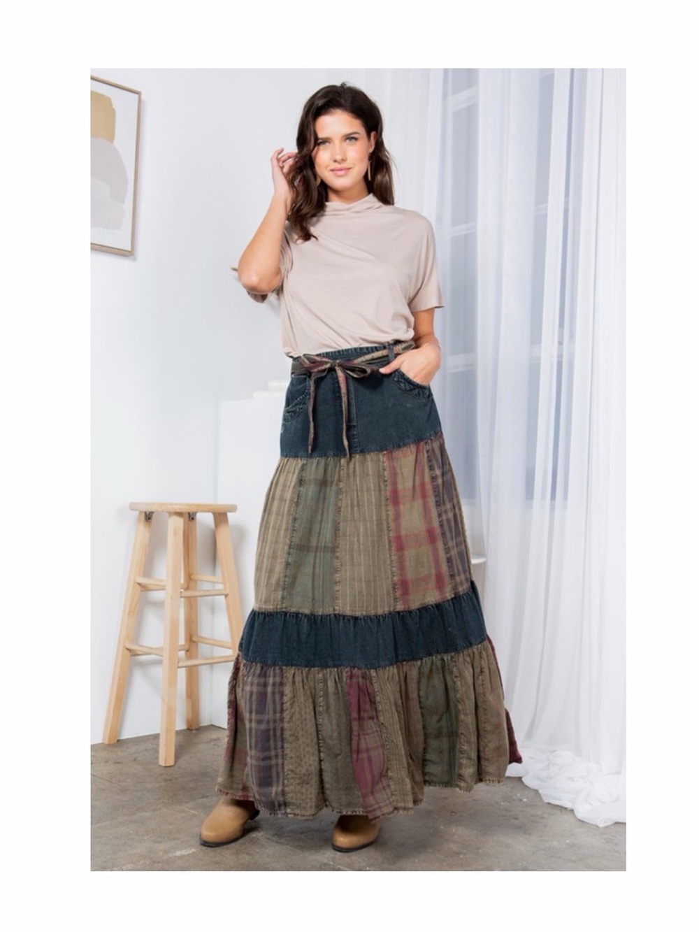 Young Threads Gravel Patchwork Denim Tiered Maxi Skirt Size L NWT